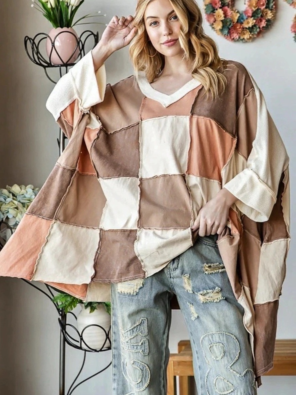 Color Block Patchwork Tunic in Brown & White